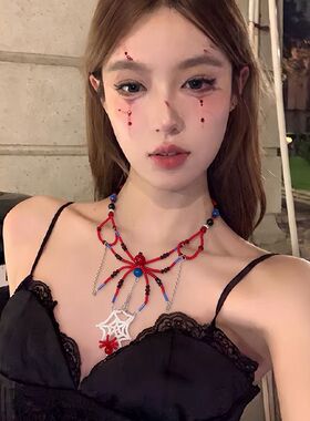 万圣节项链红色锁骨串珠蜘蛛项圈吊坠复古朋克暗黑毛衣小众个性