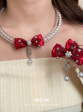 红色蝴蝶结珍珠雪花锆石项链女甜美精致气质锁骨链新年百搭配饰