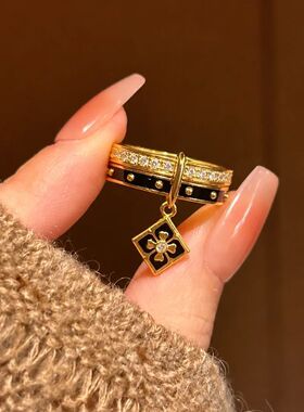 赵露思明星同款新中式黑金色滴釉珐琅双层镶钻宝相花戒指女款复古