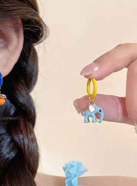可爱多巴胺小象南瓜耳环女彩色卡通小众设计耳扣耳坠高级感耳饰