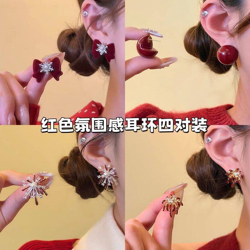 秋冬氛围感雪花红色丝绒蝴蝶结耳耳钉