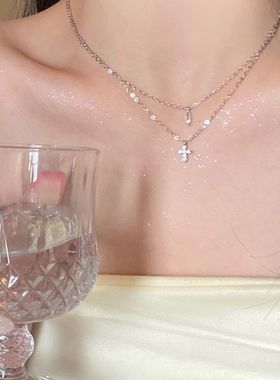 十字架水滴吊坠双层项链女高级感轻奢小众时尚甜酷配饰叠戴锁骨链