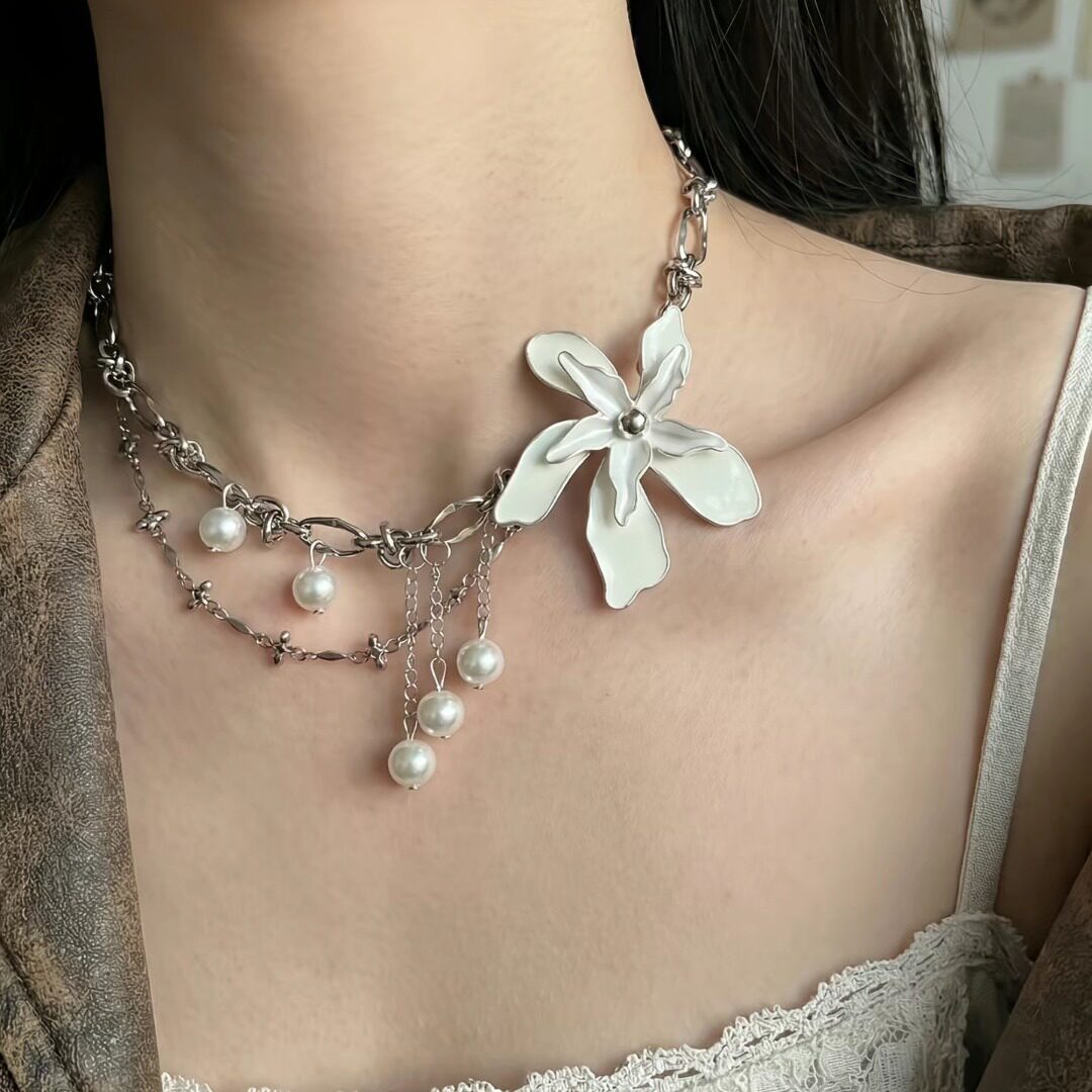 花语呢喃 花朵珍珠流苏项链女甜酷风小众锁骨链长款气质颈链配饰