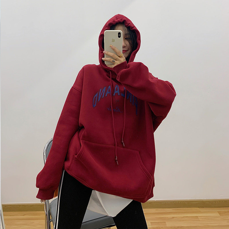 h.h慵懒风bf带帽卫衣女加绒加厚2024秋冬新款宽松韩版小个子上衣