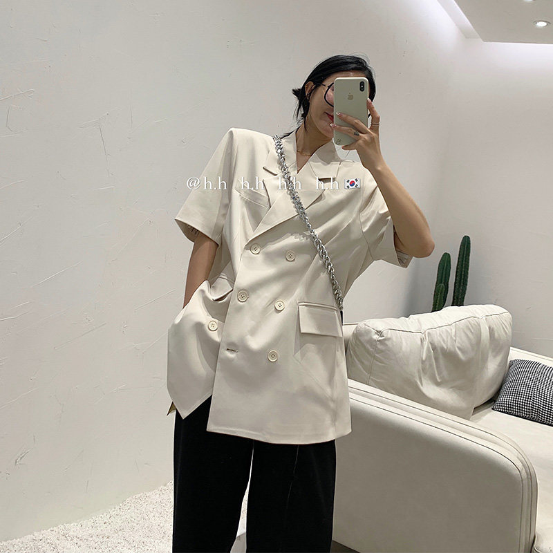 h.h韩国小西装外套女2025夏季新款洋气oversize短袖垂感西服上衣