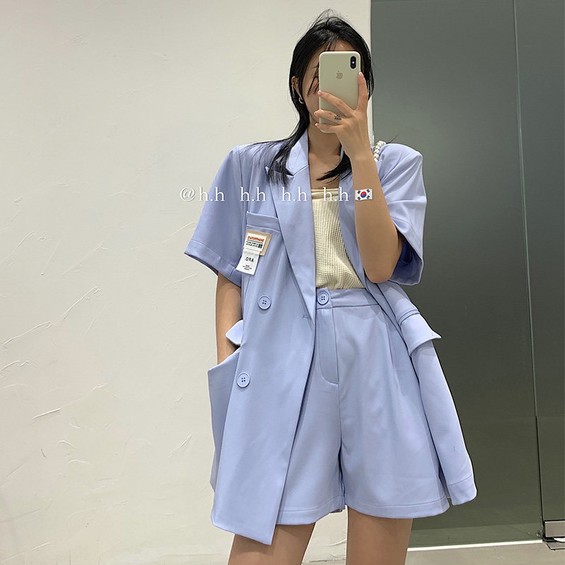 h.h 杏色短袖西服外套女chic韩版气质简约宽松垂感开叉小西装上衣