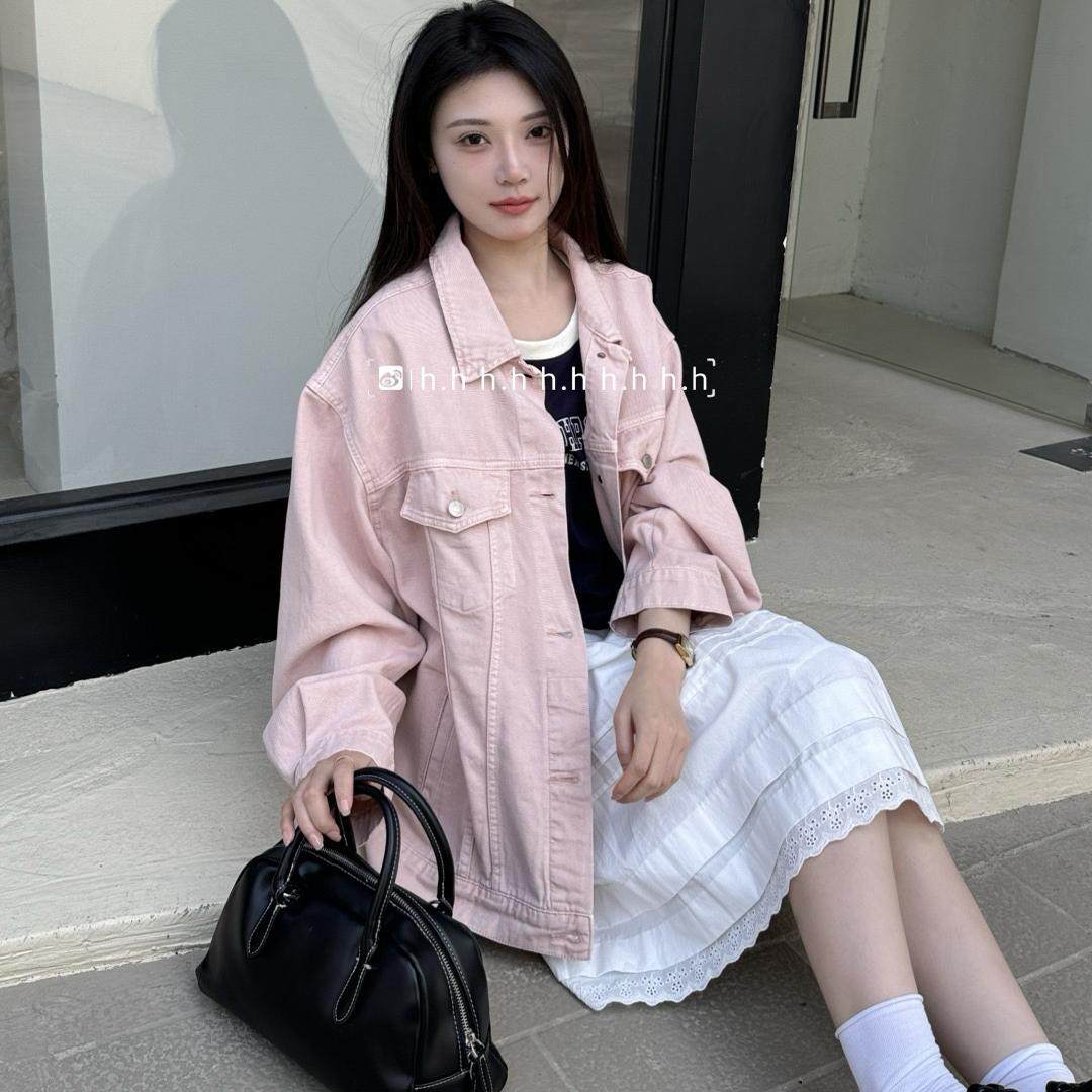 h.h大码女装 粉色牛仔外套女2025春装新款复古港风宽松ins牛仔褂