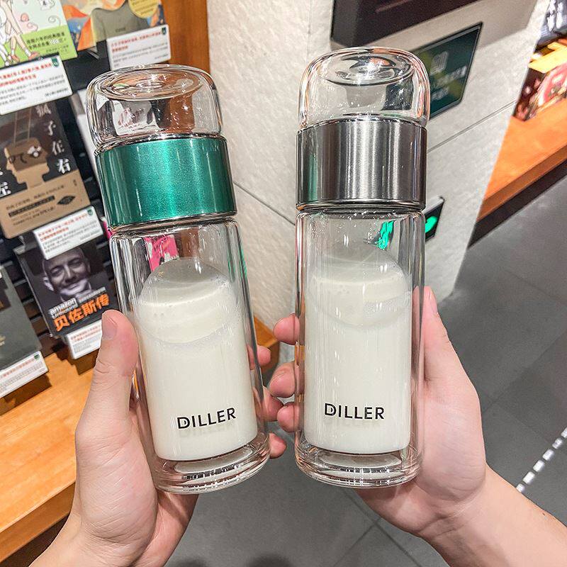 迪乐贝尔茶语时光双层玻璃杯两用盖泡茶水分离水杯带茶漏过滤杯子