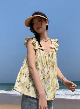 Audwyn出游度假小飞袖方领外穿吊带背心宽松新款上衣女夏