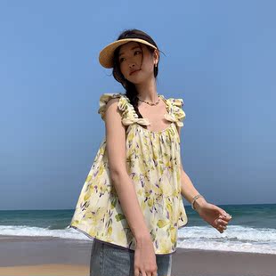 Audwyn出游度假小飞袖方领外穿吊带背心宽松新款上衣女夏