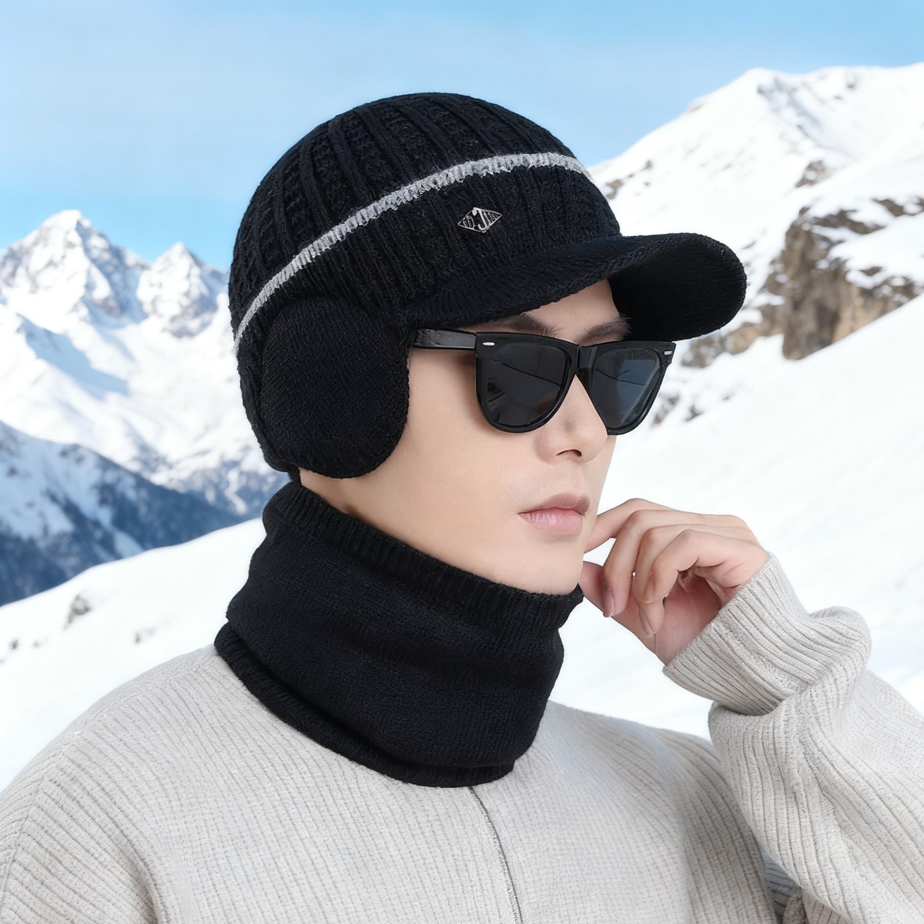 2025男士冬天保暖帽子防寒围脖套毛线帽加绒加厚青年骑车针织帽子