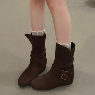 内复古马靴女靴款2026年秋季新超火韩丁头版绒面圆短筒子靴女