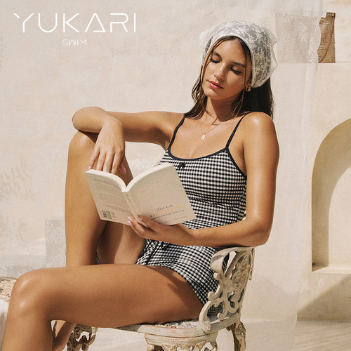 Yukari swim旗舰店黑白格子分体泳衣女2025新款平角高腰遮肚显瘦