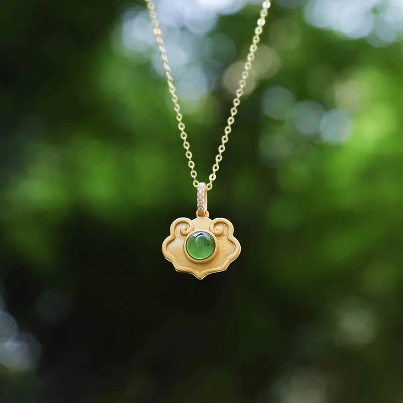 和田玉碧玉祥云如意S925纯银吊坠玉石复古鎏金工艺银饰项链女