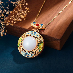 2023国潮镀金珐琅彩工艺镶和田白玉吊坠复古国风汉服古装锁骨链