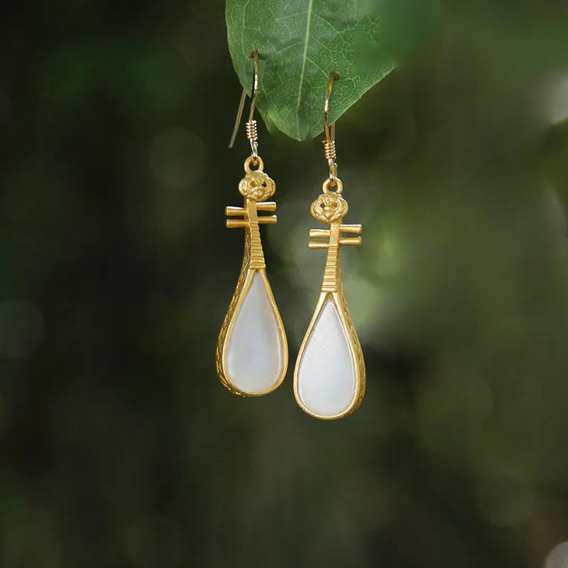 和田玉琵琶中式耳环s925古风