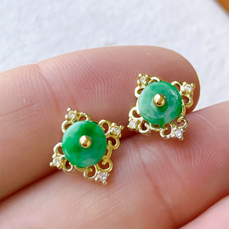 S925银镶钻天然碧玉翡翠耳钉防过敏14K金复古菱形几何小香风耳饰