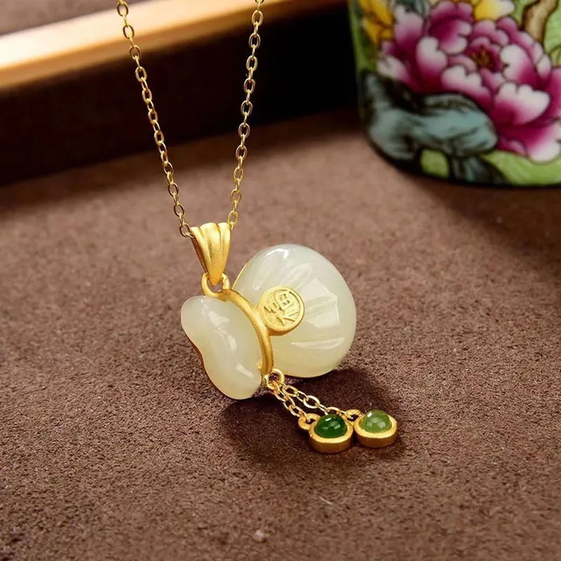 S925纯银白玉钱袋项链和田玉流苏古风玉吊坠轻奢小众吉祥饰品