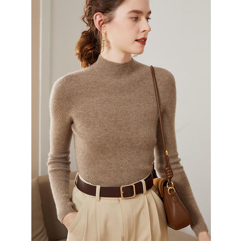 无缝一线成衣~紧身半高领羊绒衫女100纯羊绒内搭针织修身打底毛衣