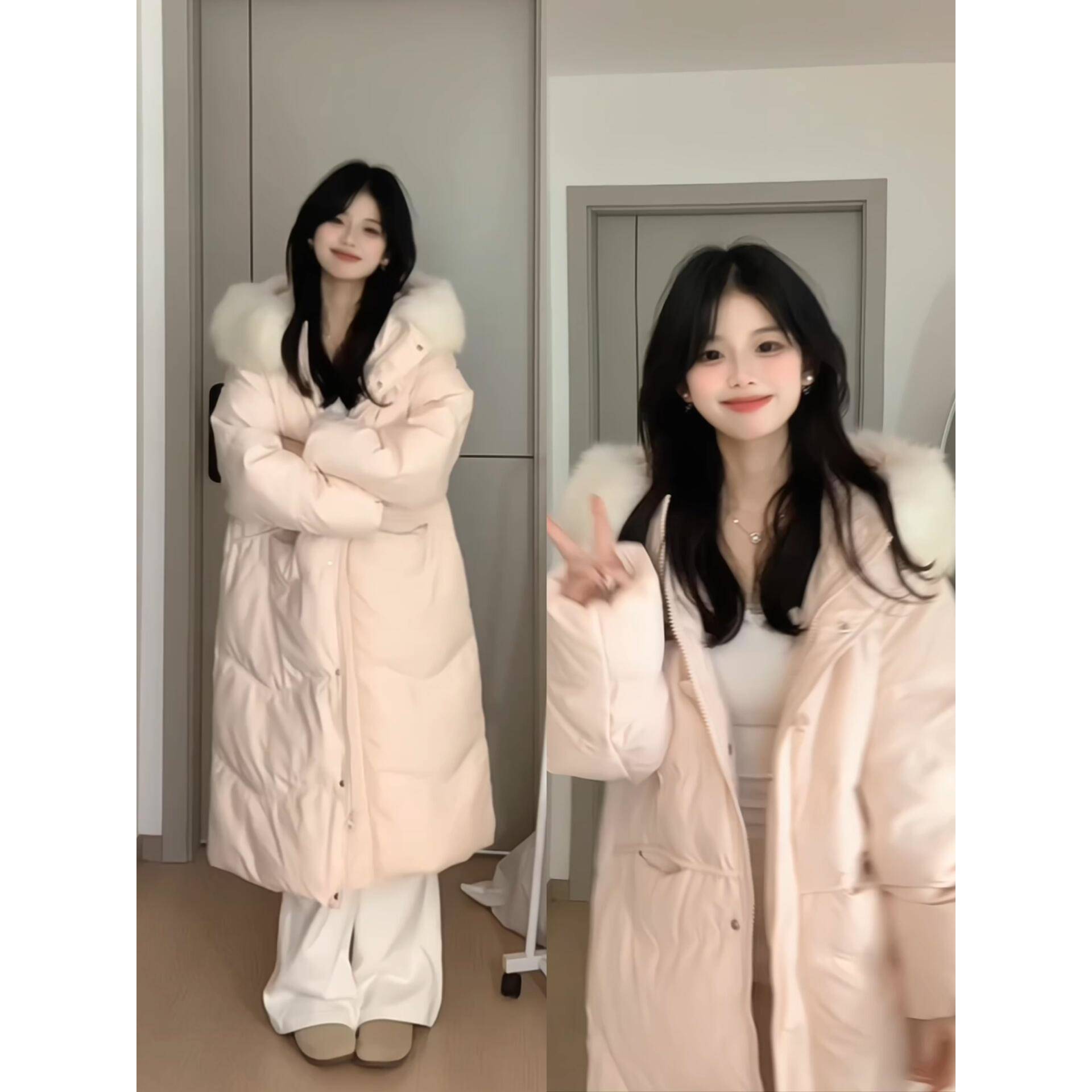 粉色小个子毛领长款羽绒棉服女冬季2025年新款设计感加厚保暖外套