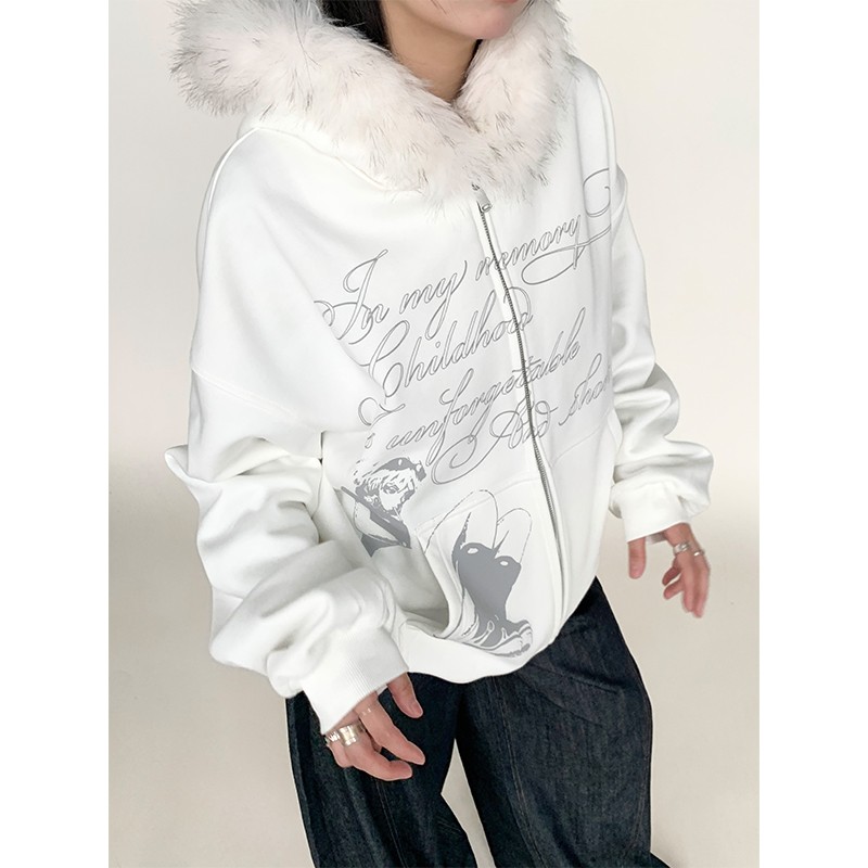 atrandom 秋冬心情日记满印文字毛领加绒卫衣女黑白连帽宽松外套