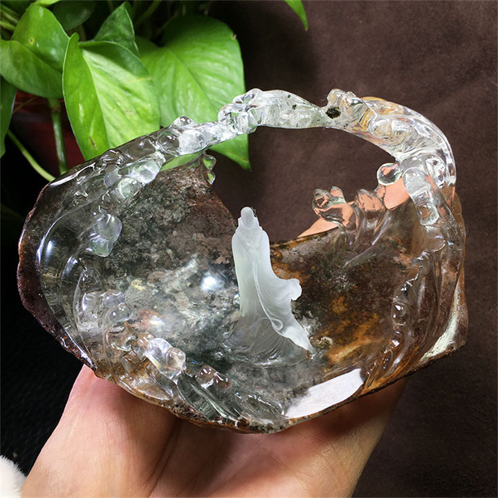 天然彩幽灵水晶摆件幽灵雕刻饰品