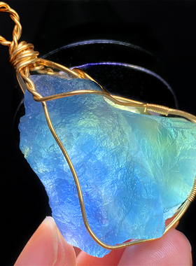 天然水晶七彩色萤石原石绕丝吊坠