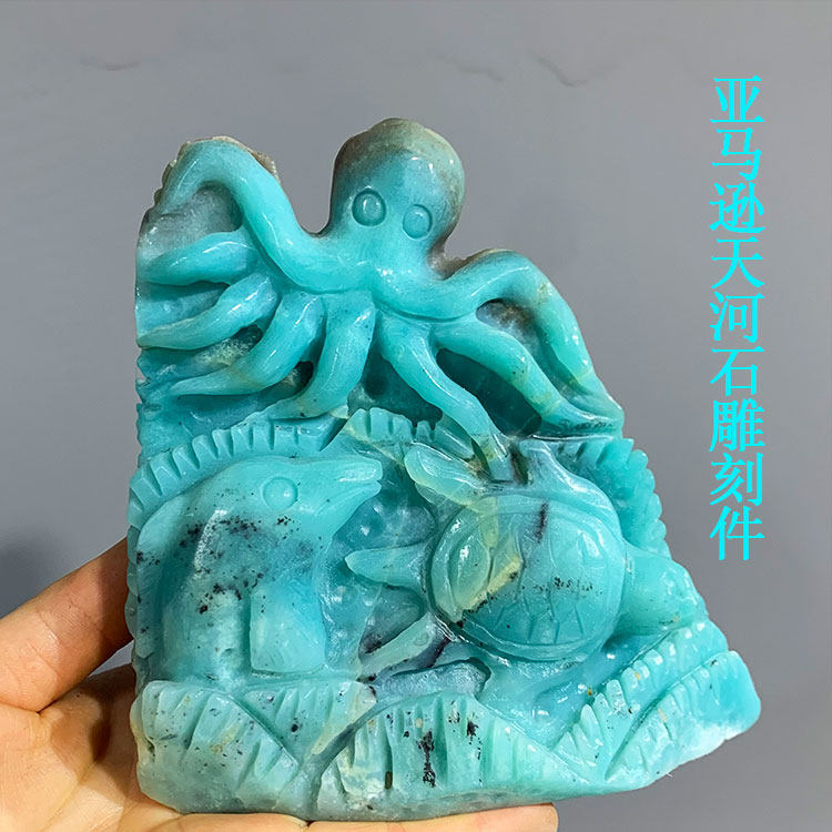 亚马逊天然天河石原石雕刻摆件猫头鹰章鱼金钱鼠飞鹰家居造景装饰