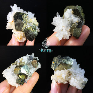 天然白水晶簇方解石黄铁矿黄铜矿共生矿原石晶体标本奇石家居摆件