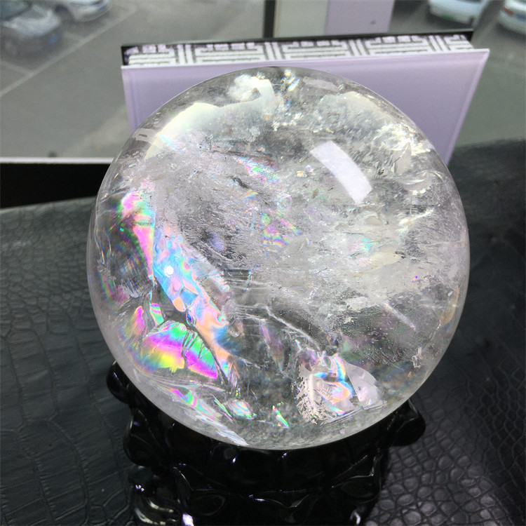 新品天然阿塞白水晶球爆彩体通透