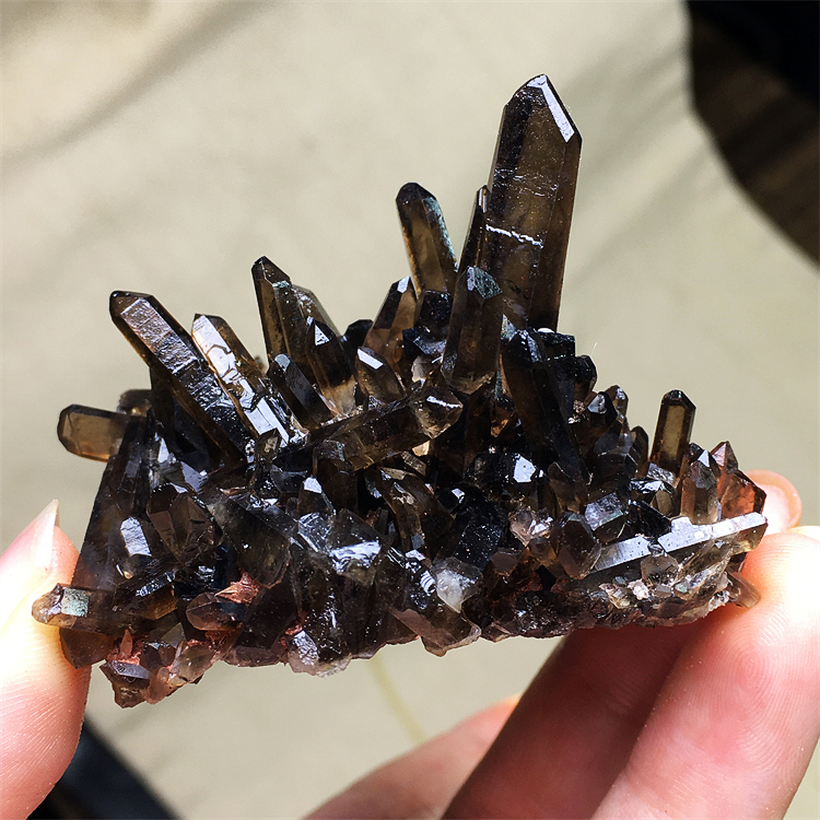 天然黑茶水晶簇原石标本迷你摆件