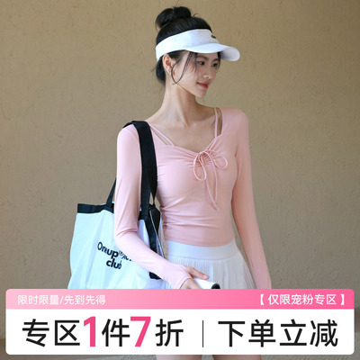 Ackdcs带胸垫运动T恤女秋冬新款抽褶瑜伽上衣跑步运动长袖健身衣