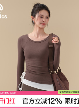 Ackdcs显瘦瑜伽服上衣女秋冬抽绳褶皱运动长袖撞色普拉提健身T恤