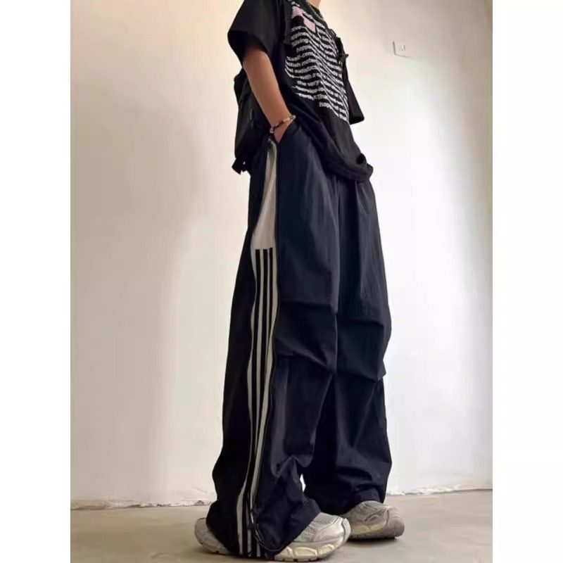 裤子男秋冬季薄款2024新款美式高街宽松阔腿直筒卫裤休闲运动长裤