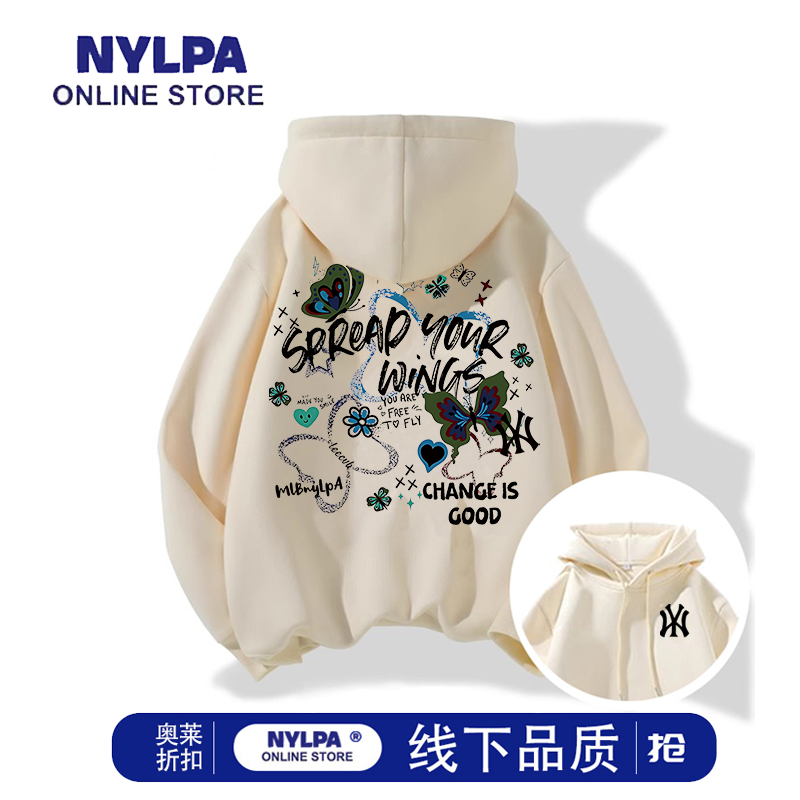 NYLPA慵懒韩系ins风蝴蝶字母印花宽松休闲连帽卫衣男女情侣外套潮,男装,卫衣,淘宝优惠券,粉丝福利购,淘宝优惠卷