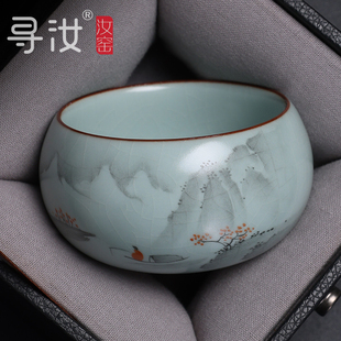 寻汝陈全贵大师汝窑手绘主人杯天青色高档开片陶瓷功夫茶杯茶具