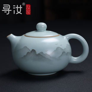 寻汝陈全贵大师汝窑茶壶手绘单壶陶瓷开片天青色功夫茶具高档送礼
