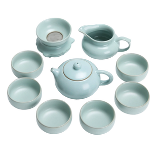 汝窑功夫茶具套装天青色整套家用办公室高端汝窑开片茶壶茶杯礼盒