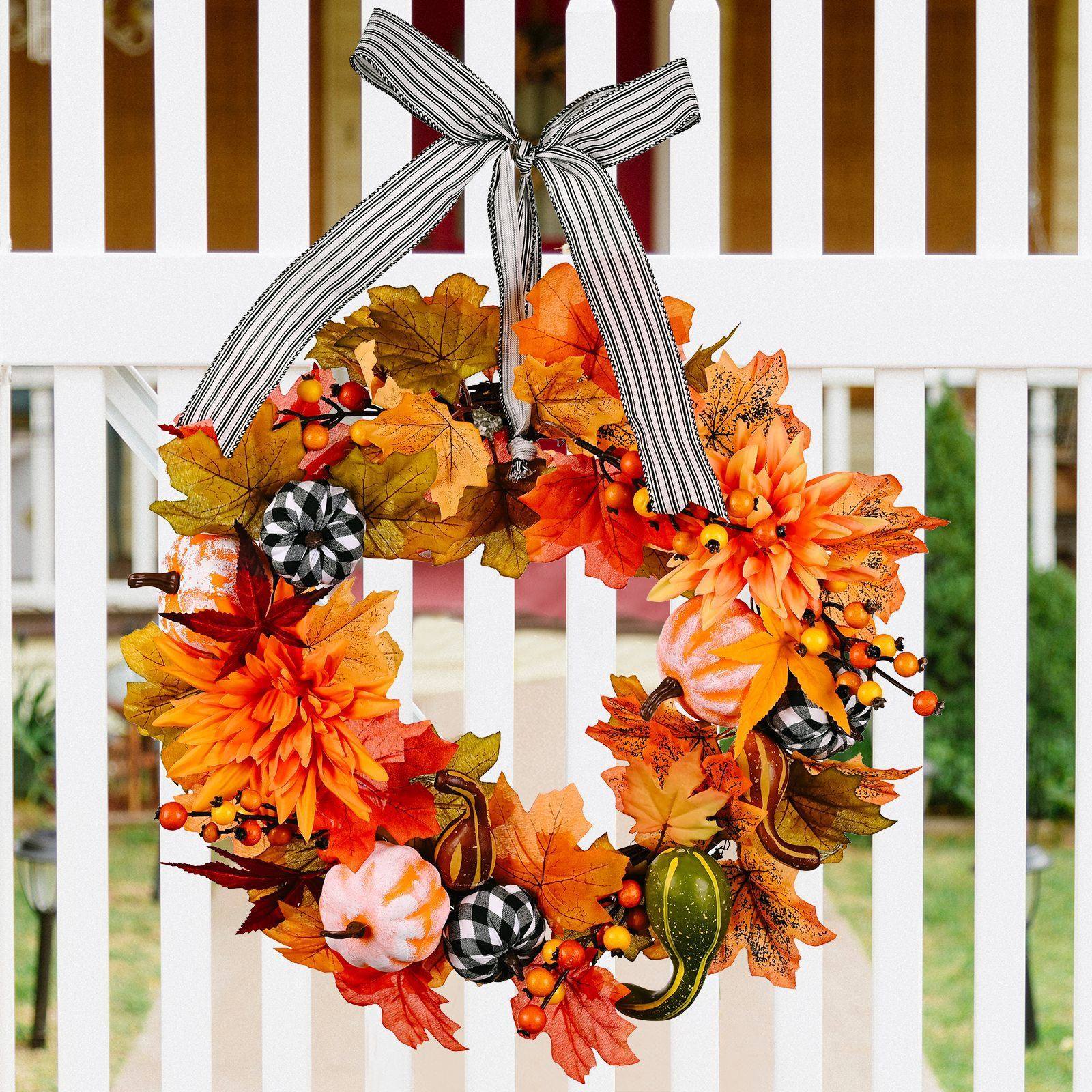 跨境独立站秋天尤加利彩色南瓜花环fallautumnpumkingwreath