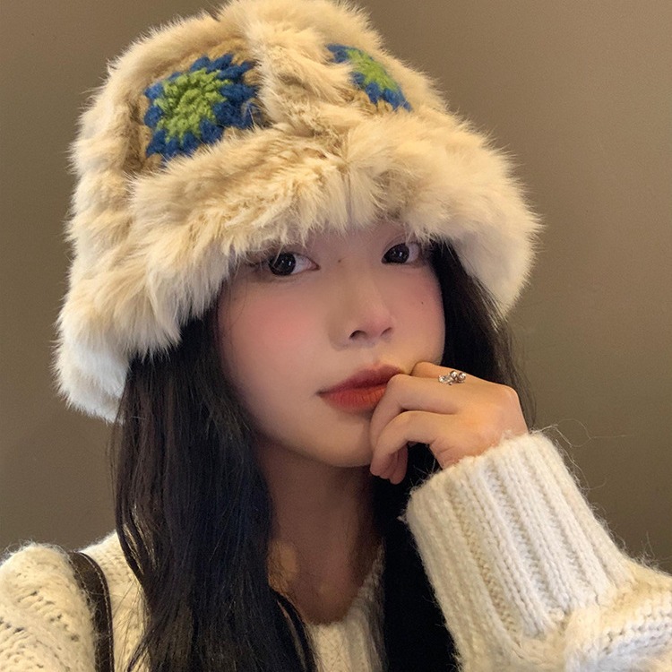 渔夫帽女冬季兔毛针织毛毛帽子显脸毛绒醒狮帽大头围毛线帽