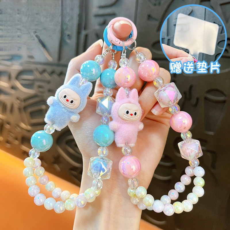 短款双串珠手机链植绒小兔子钥匙扣包包可爱挂件汽车钥匙链