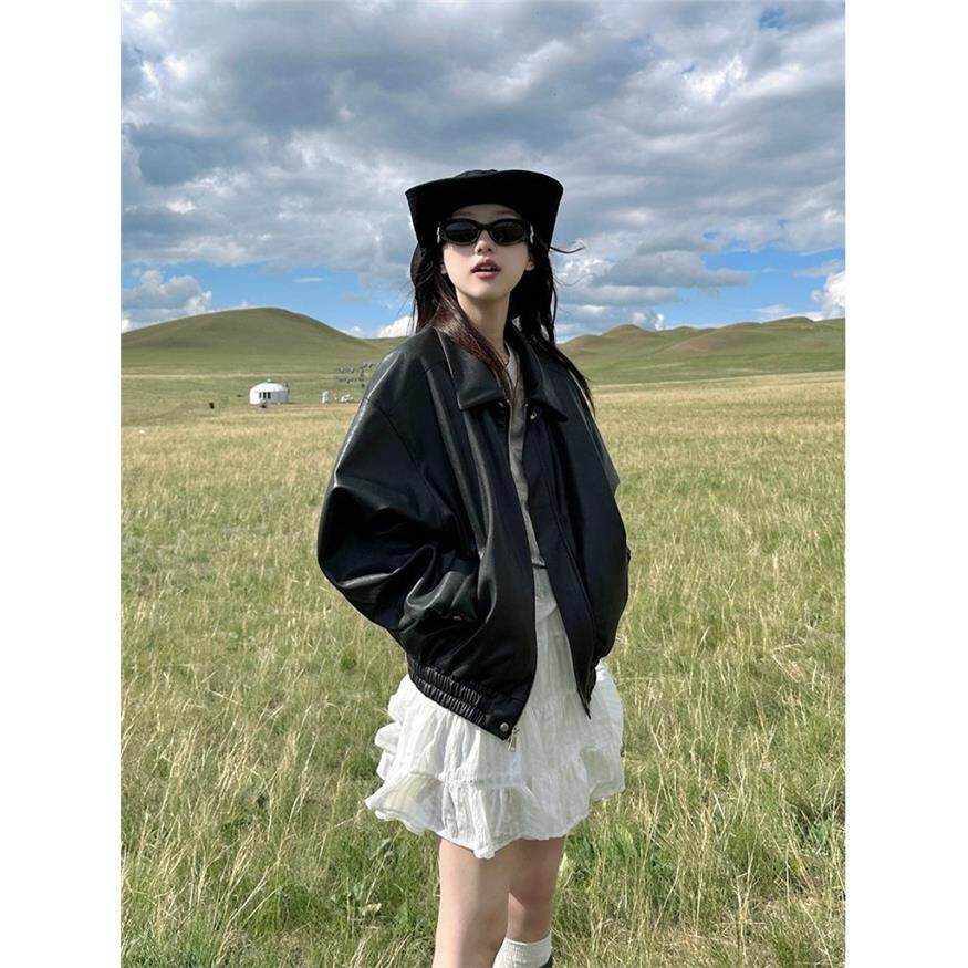 黑色覆古皮衣外套女2025春秋新款高级设计感今年流行机车夹克上衣