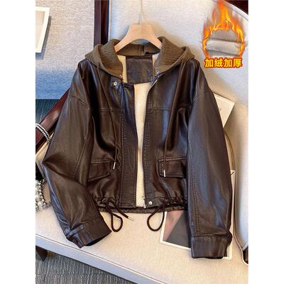 美拉德咖色连帽加绒皮衣