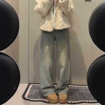 复古满天星烫钻阔腿牛仔