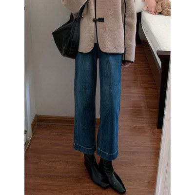 大码高腰复古蓝色直筒牛