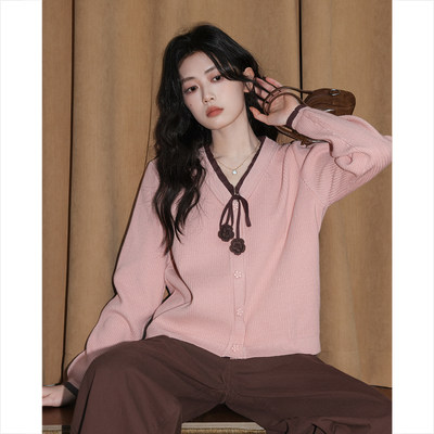 粉色假两件V领针织开衫女