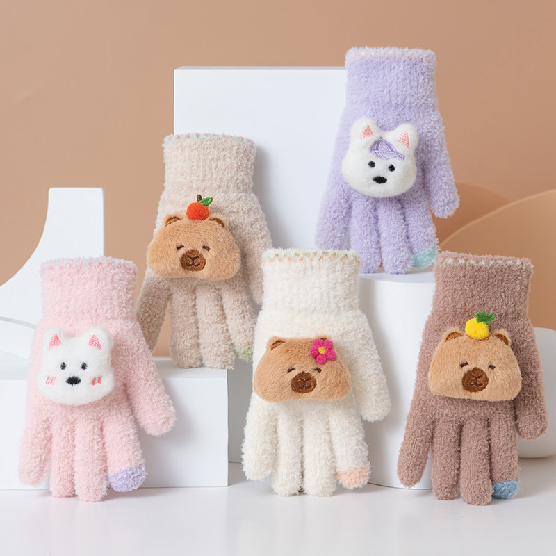 盛琦中童秋冬针织毛线手套保暖防寒学生五指男女儿童骑车写字可爱