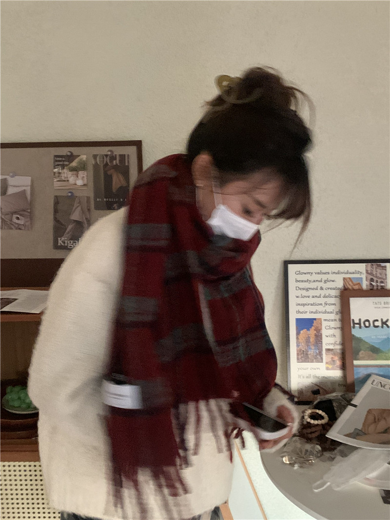 围巾女冬天保暖软糯复古红色洋气配色高级风百搭格子情侣大围脖男