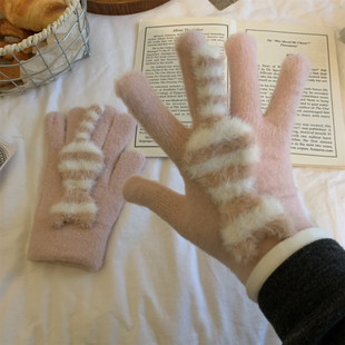 韩版可爱立体猫咪手套女冬季加绒防寒加厚学生粉色洞洞触屏手套