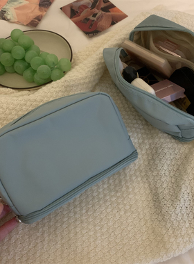 外出便携化妆包双层分区收纳立式日系复古蓝色尼龙防水收纳包旅行